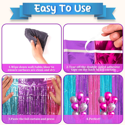 3 Pack 3.3 x 8.2 ft Blue Purple Pink Foil Fringe Backdrop Curtains, Tinsel Streamers Party Decorations, Fringe Backdrop, Door Shimmer for Mermaid or Birthday Party