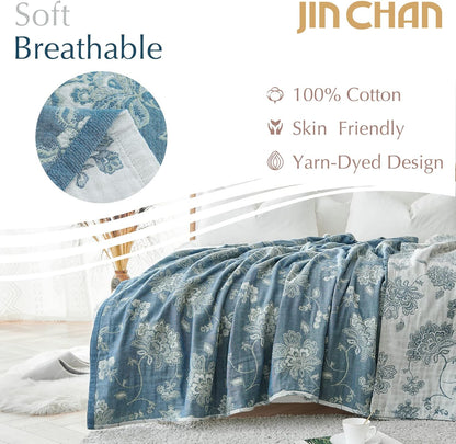 jinchan Boho 100% Cotton Muslin Queen Size 80x90 Inches Blanket Lightweight 4-Layer Quilted Soft Blue and White Floral Throw Blanket Green Accents Reversible Comfy Flower Rustic Summer Couch Bedroom