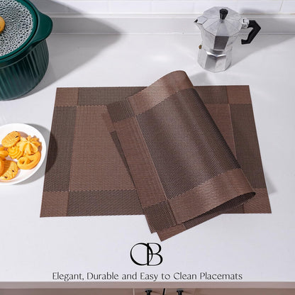 Placemats Set of 8 - Easy Clean Woven Vinyl Placemats for Dining Table, Indoor/Outdoor Place Mats, Washable PVC Table Mats（Brown Cube）