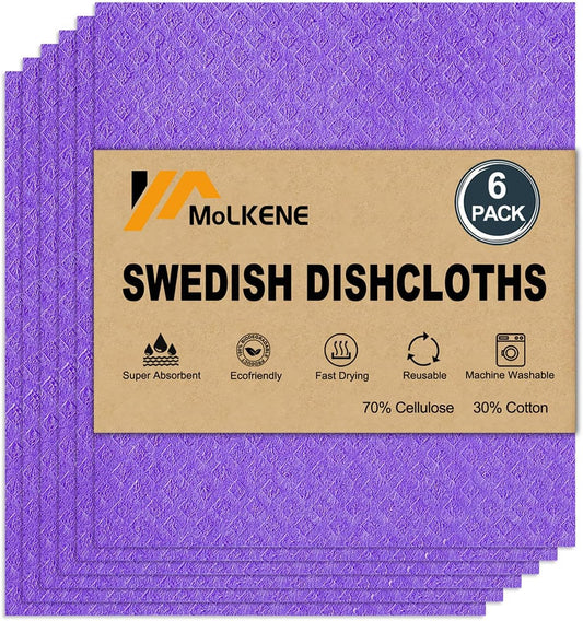 Swedish Dishcloths for Kitchen | 6 Pack Absorbent Cellulose Sponge Cloths Washable | Non-Scratch