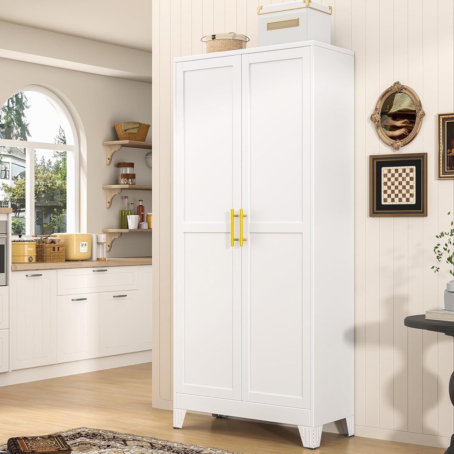 71" Tall Metal Pantry Storage Cabinet with Doors and 4 Adjustable Shelves, White Kitchen Food Pantry Cabinets, Tall Freestanding Cupboard for Kitchen, Dining Room or Living Room