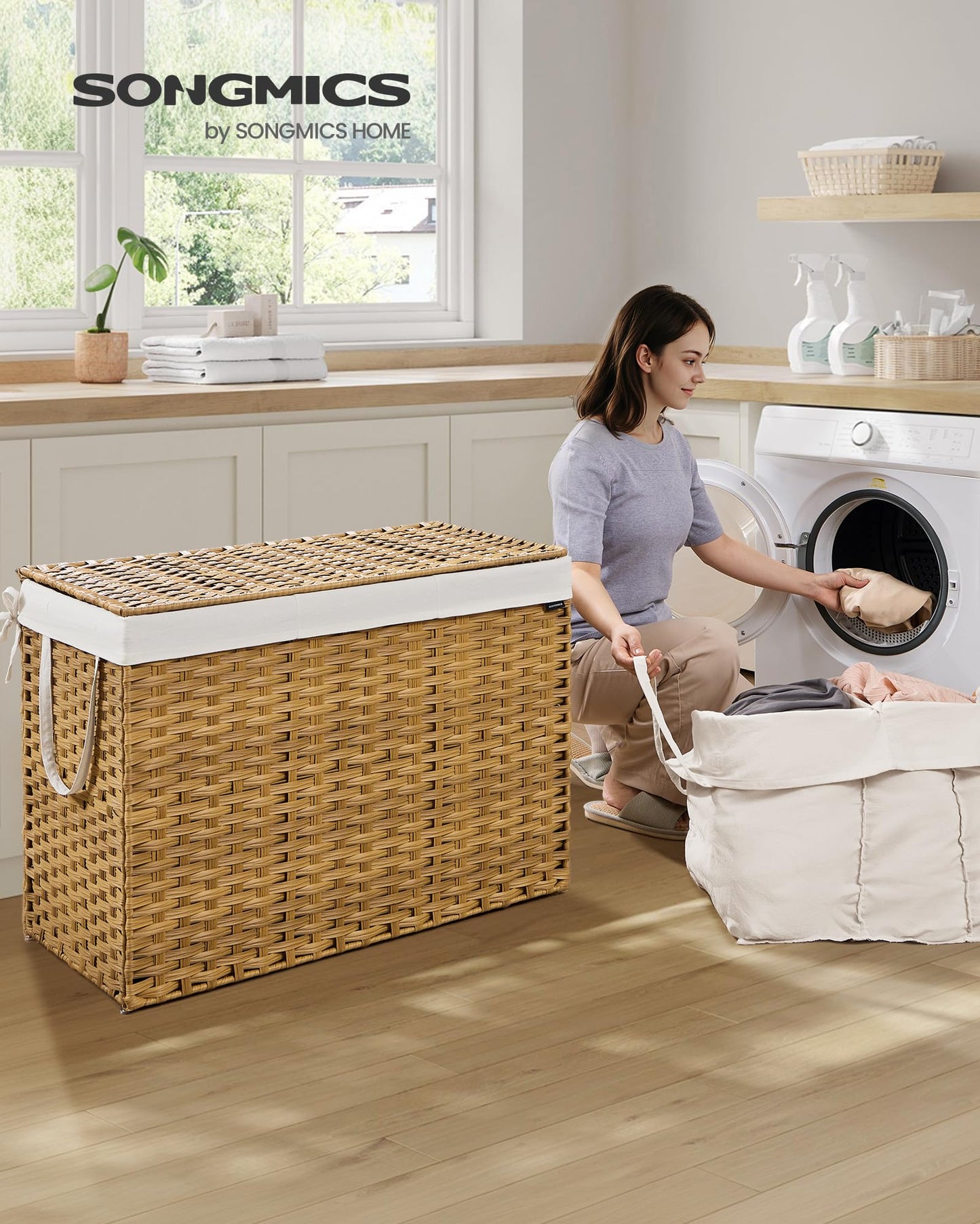 SONGMICS Laundry Hamper with Lid, 52.8 Gal (200 L) Synthetic Rattan,Foldable