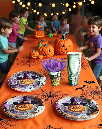 Halloween Paper Plates,Cups,Forks(96Pcs)-Disposable Party Plates Heavy Duty,Party Supplies Tableware Set|Paper Plates 9 inch & 7 inch,Spooky Decor(Flying Pumpkin,Ghost,Zombie,Bat) for Kids Halloween