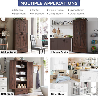 JXQTLINGMU Farmhouse Kitchen Pantry Cabinet - 72" Tall Wood Kitchen Storage Cabinets with Adjustable Shelves & 2 Barn Doors & Drawer, Versatile Storage for Dining Room, Bathroom, Rustic Brown