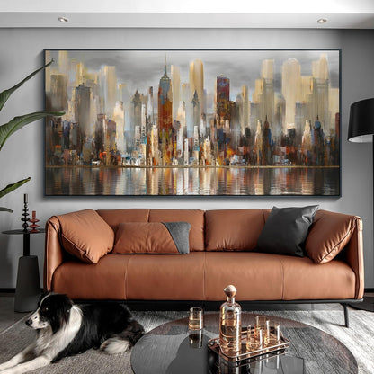 Mofutinpo Large Black Framed Cityscape New York abstract wall art Brown City Theme Paintings Modern Canvas office wall decor living room modern artwork Size 30x60