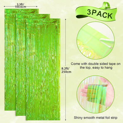 3 Pack 3.3x8.2 Feet Neon Green Foil Fringe Backdrop Curtains, Tinsel Streamers Birthday Party Decorations, Fringe Backdrop for Graduation, Baby Shower, Gender Reveal, Disco Party