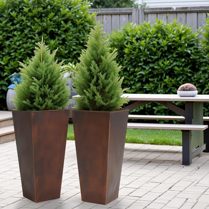 WORTH Garden 12" Dia x 25" H Large Metal Planter Set of 2, Matte Bronze Retro Finish Tall Square Tapered Steel Plant Pots, Decor Flower Pot Indoor & Outdoor, Drainage Hole & Dual-Purpose Plant Saucer