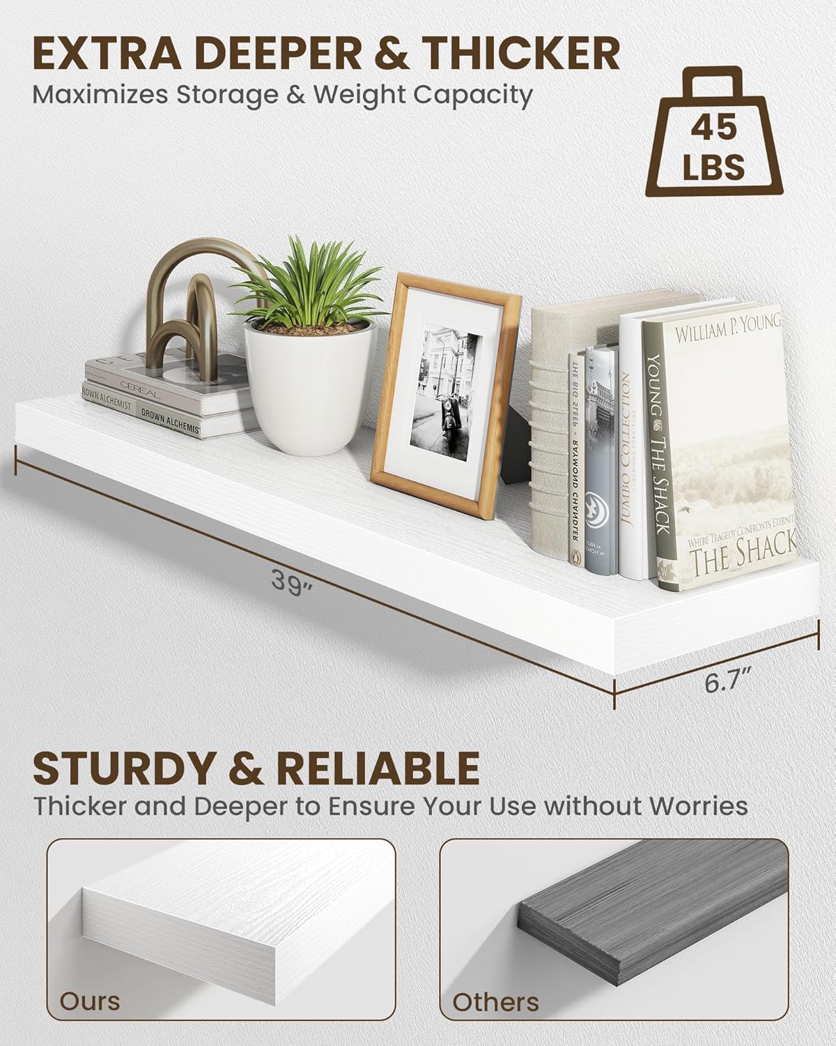 Marsmiles 39" Floating Shelves for Wall, Wooden Shelves with Invisible Brackets Set of 2, Rustic Farmhouse Wall Mounted Shelf for Kitchen Bathroom Living Room Study, White