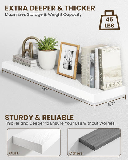 Marsmiles 39" Floating Shelves for Wall, Wooden Shelves with Invisible Brackets Set of 2, Rustic Farmhouse Wall Mounted Shelf for Kitchen Bathroom Living Room Study, White