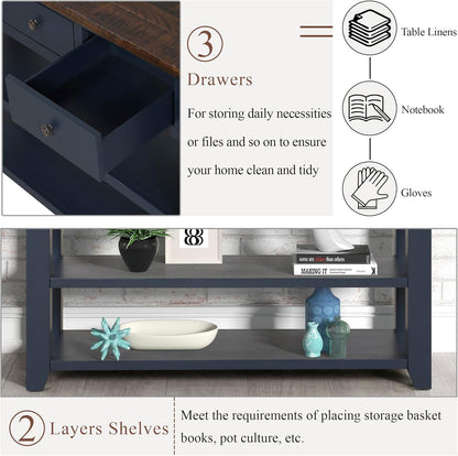 Farmhouse Wood Entry Console Table 48-Inch Modern Sofa Entryway Table with Drawers and Storage Shelves for Entrance Living Room (Blue)