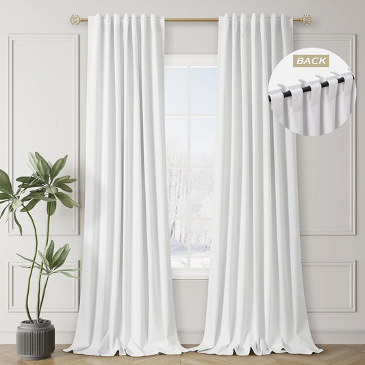 White Linen Textured Bedroom Curtains Back Tab 100% Blackout 102 Inch Room Darkening Curtains Thermal Insulated Heat Blocking Noise Reducing Drapes for Living Dining Room Modern Cottage Home Decor