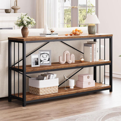 LVB Industrial Console Entryway Table, Metal Wood Rustic Sofa Table with Storage, Farmhouse 3 Tier Shelf Long Hallway Foyer Entry Tables Behind Couch for Home Living Room Entryway, Rustic Brown, 55 In