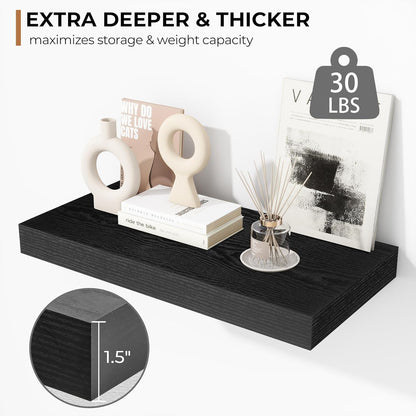 Fun Memories 16 Inch Floating Shelves - Deep Rustic Black Wooden Wall Shelves - Extra Deeper & Thicker Wall Mounted Storage Shelf for Bedroom, Kitchen, Farmhouse - 2 Pack, Rustic Black