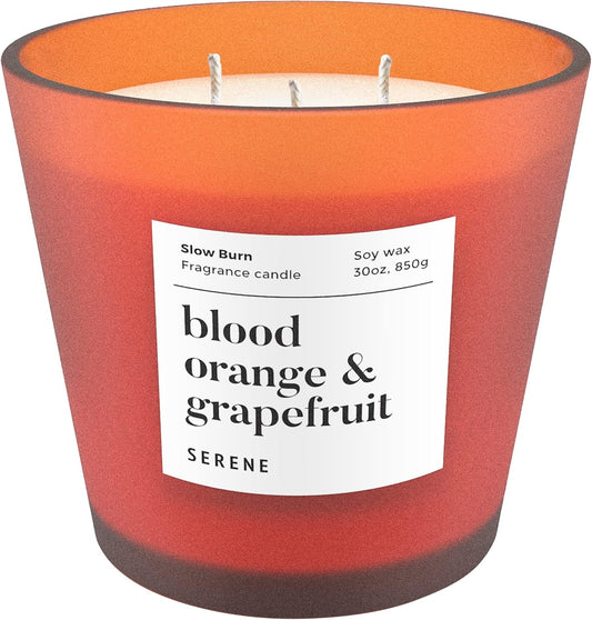 Hidden Label Large Scented Candle, Blood Orange & Grapefruit, 30oz 3 Wick Huge Candle, Serene Collection Slow Burn Natural Soy Candles for Home Scented