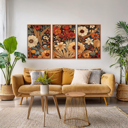 Aurlan Boho Burnt Orange Terracotta Wildflowers Framed Wall Art(24"x36"), 3 PCS Abstract Floral 3D Textured Canvas Artwork, Large Modern Vintage Botanical Nature Art Wall Decor for Home Office Living Room Bedroom