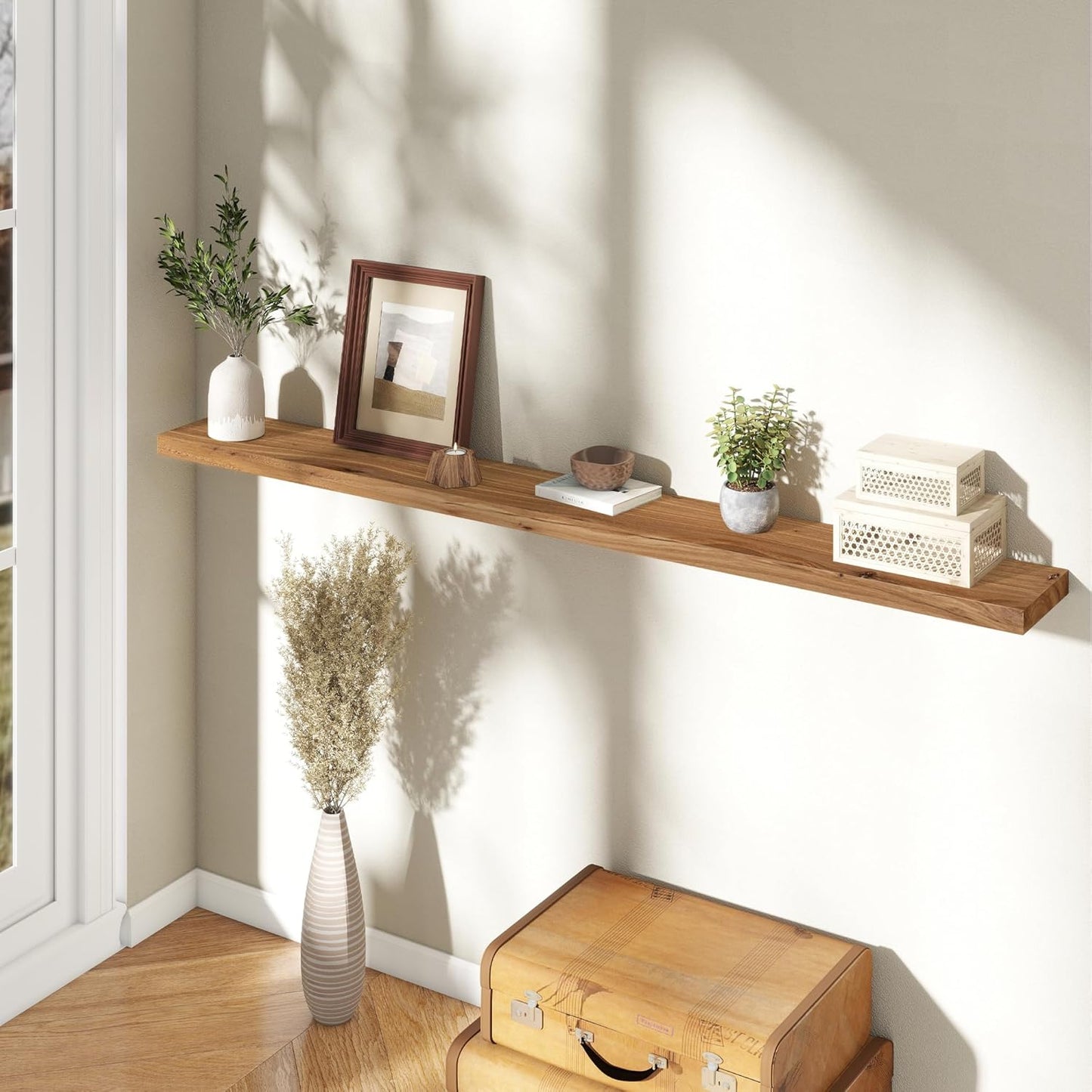 72" Floating Shelves for Wall, Rustic Elm Wood Floating Shelf for Home Decor, Wall-Mounted Display Shelves with Heavy-Duty Bracket, Long Floating Shelf for Bathroom, Kitchen, Natural Color