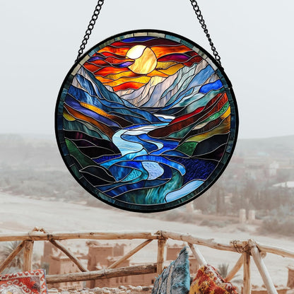 Stained Glass Window Hanging, Canyon Mountains Sunset View Sun Catcher for Window Home Decor Landscape Suncatcher Mother's Day Birthday Gifts for Women Men Mom and Nana 6.3 in