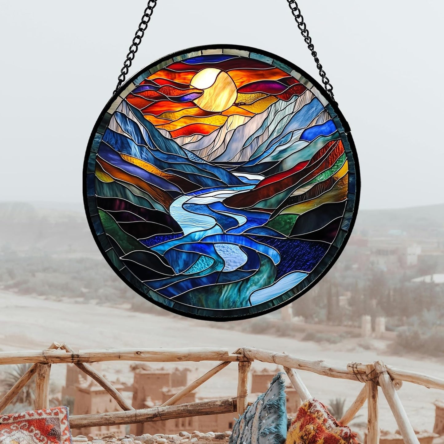 Stained Glass Window Hanging, Canyon Mountains Sunset View Sun Catcher for Window Home Decor Landscape Suncatcher Mother's Day Birthday Gifts for Women Men Mom and Nana 15 in