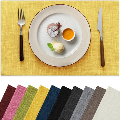 Placemats Set of 6, Bilayer Thickened Linen Place Mats Heat Resistant Machine Washable Wrinkle Free Carefully Selected Polyester Mats for Kitchen/Dining/Coffee Table (Yellow)