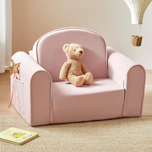 Tiny Land 2-in-1 Foldable Kids Couch with Pockets – Soft Thick Toddler Sofa, Lounger Couch