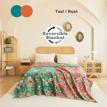 MSGKV Boho Throw Blanket for Bed Twin Size Cotton Muslin Breathable Floral Blanket 60"x80" Sofa Couch Blankets for All Seasons Lightweight Farmhouse Blankets Boho Home Decor