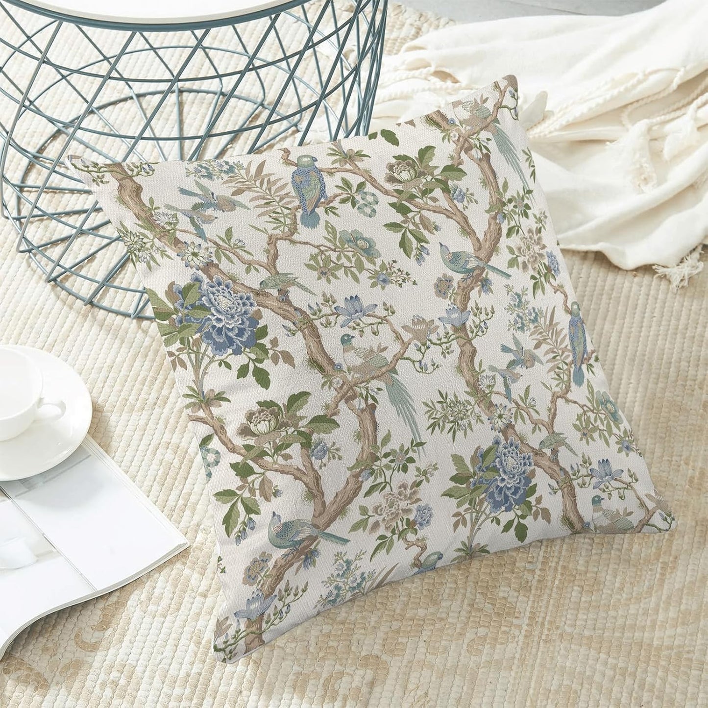 CXMEIFLY Chinoiserie Spring Pillow Covers 18 x 18 Inch Set of 2 for Blue Sage Green Vintage Flowers Bird Decor Throw Pillows Plant Farmhouse Outdoor Decorative Cushion Cases for Couch Bed Decorations