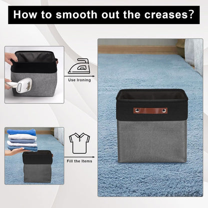 Collapsible Fabric Storage Cubes 11x11 Cube Storage Bins, 4 Pack Closet Baskets Box with Handles for Organizing, Shelf, Toys, Clothes, Home, Office, Nursery (Grey&Black)