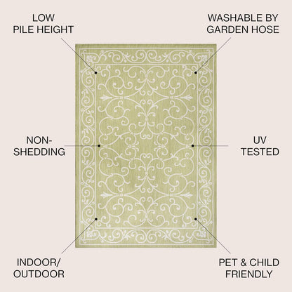 JONATHAN Y Vintage Filigree Indoor Outdoor Area Rug 4X6 Green/Cream, Charleston Textured Weave for Backyard, Patio, Porch, Easy-Cleaning, High Traffic, Pet-Friendly, Non-Shedding (SMB106H-4)