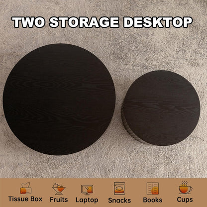 Modern Black Nesting Coffee Table Set of 2 Handcraft Fluted Coffee and End Table Sets Wooden Drum Small Round Side Table Funky Center Tables for Living Room,No Assembly,Black Small