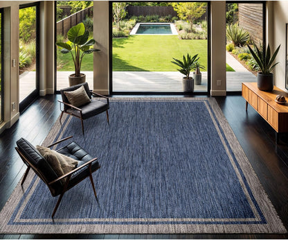 CAMILSON Outdoor Rug, 8x10 Bordered Navy Blue Gray Modern Area Rugs for Indoor and Outdoor Patios, Porches Waterproof Washable Porch Deck Outside Carpet (Bordered Navy, 8 x 10)
