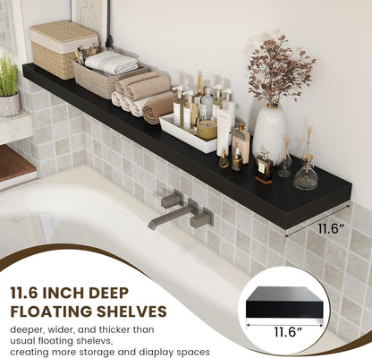 Black Floating Shelves for Wall - 72 Inch Wide x 12 Inch Deep Wall Shelves Set of 1 - Rustic Black Wood Shelves for Living Room, Bathroom, Laundry Room, Bedroom, Kitchen, Home Office