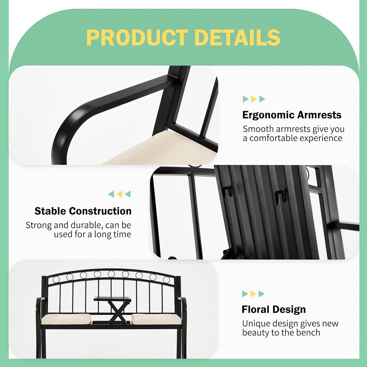 AVAWING Outdoor Metal Garden Bench, 2-Seat Patio Porch Bench with Steel Frame, Park Bench w/Pullout Middle Table＆ Cushion for Backyard Lawn Deck Entryway, Black