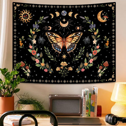 Lunerfex Boho Butterfly Tapestry Flower Moon Wall Tapestry, Moon Phases Tapestries for Bedroom Cute Tapestries Wall Hanging for Bedroom Living Room Decor Butterfly-1 70"x90"