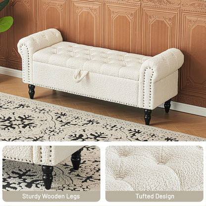 Furniliving Modern Storage Ottoman Bench, Sherpa Ottoman End of Bed Bench with Solid Wood Legs Upholstered Ottoman Benches with Storage Indoor Bench for Living Room with Rolled Arm, Entryway, White