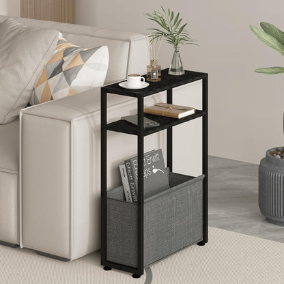 Narrow Side Table, Slim End Tables with Fabric Basket, Skinny Table for Small Spaces, Thin Bedside Table for Living Room, Bedroom (1, Ebony Black + Slate Gray)