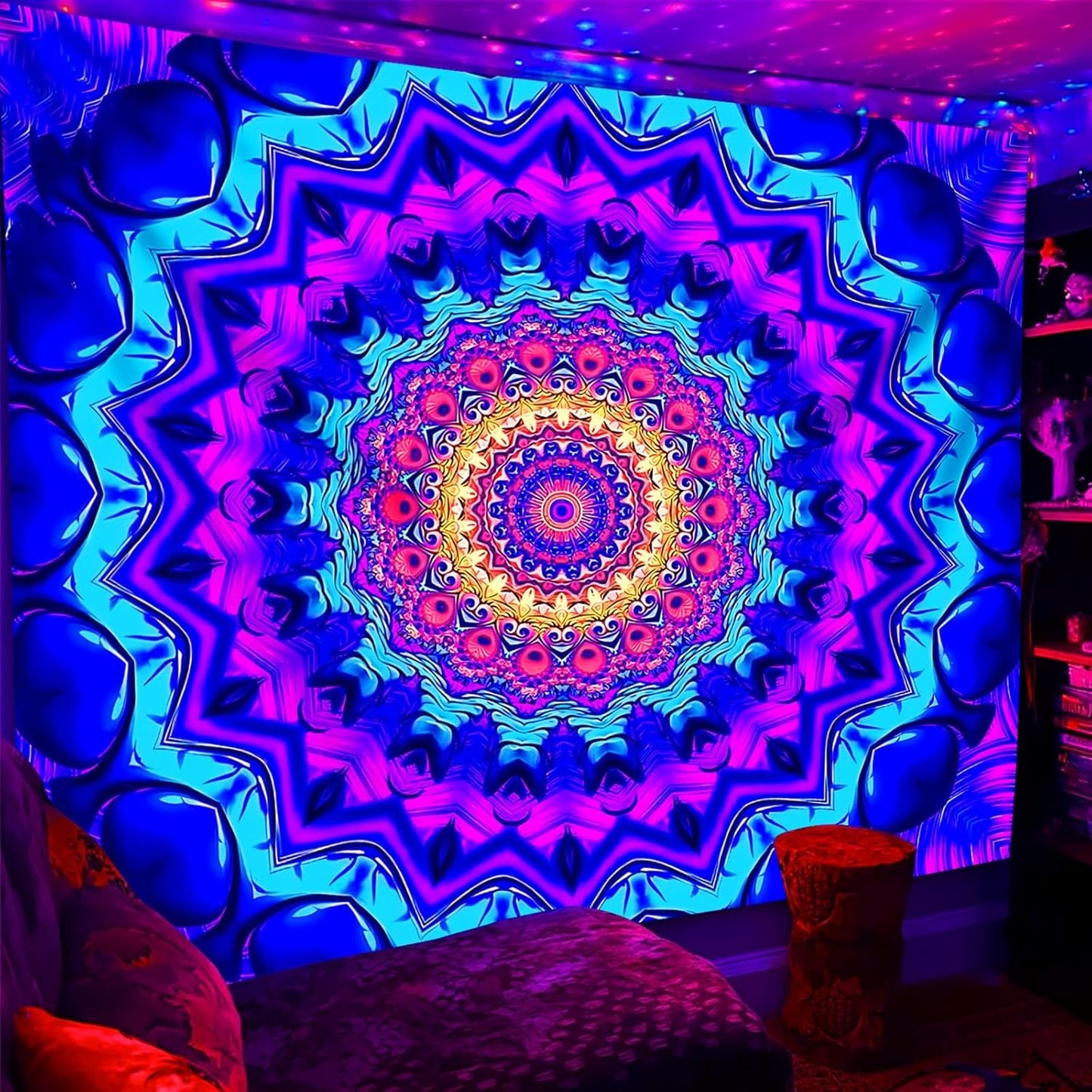 PSYHILAR Blacklight Mandala Tapestry for Bedroom, Black Light Posters for Adults and Teens, Colorful UV Reactive Aesthetic Bohemian Wall Art Decor (60 x 50 Inches)