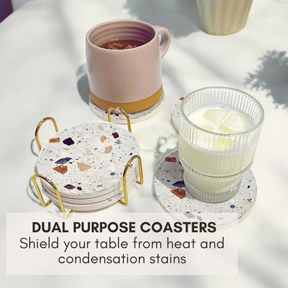 Terrazzo Drink Absorbent Coasters with Holder Set of 6, Ceramic Coaster for Drinks, Coffee Table Decor, Water Absorbing Stone Coaster for Drinks (Granite)