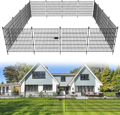 25 Panels No Dig Decorative Outdoor Garden Fence for Yard with Gate, 32 in(H) X 59 ft(L) Animal Barrier Fencing Rustproof Metal Wire Panel Border for Dog, Rabbits, and Patio Temporary Ground Stakes