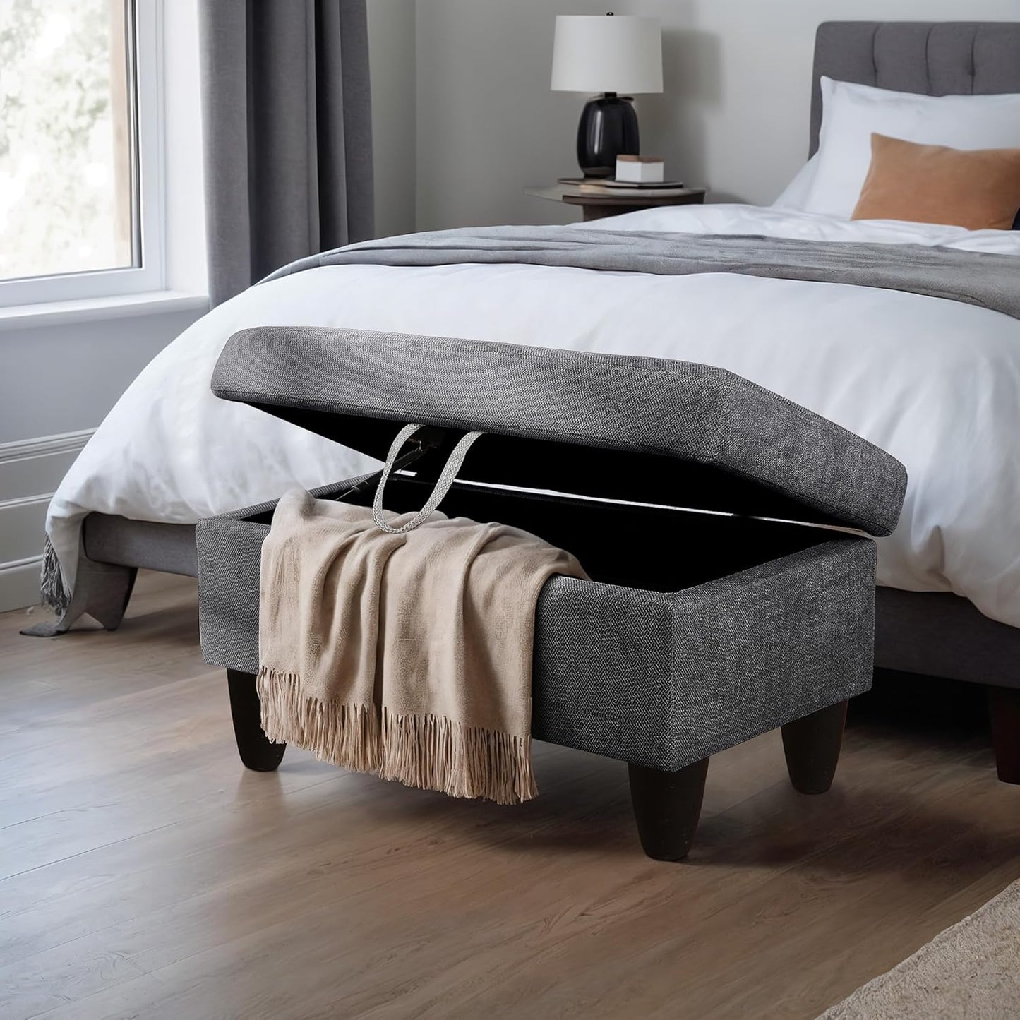 Ottoman Rectangular Storage Ottoman Bench, Flannel Footrest Stool Footstool with Lid for Living Room, Bedroom, Entryway, Black Gray, 28.5"x19"x17.5"