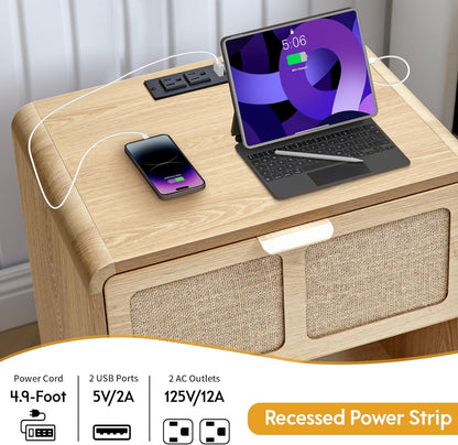 LEVNARY Nightstand Set of 2, Mid-Century Modern Bedside Table with Charging Station and Fabric-Like Textured Drawer, Wooden End Table for Farmhouse Bedroom Living Room (2, Natural)