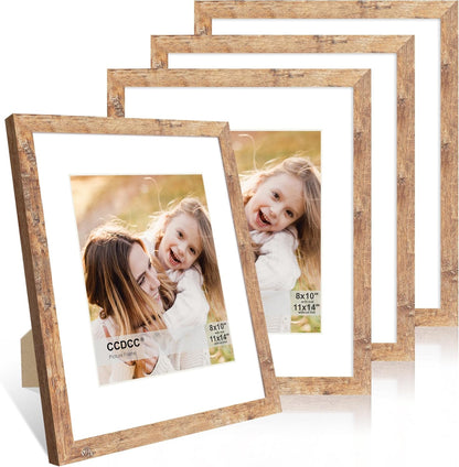 11x14 Picture Frame Set of 4, 11 x 14 Wood Photo Frames with Mat for 8x10, Natural Wooden Frame with Real Glass Cover for Wall and Tabletop Display,Brown