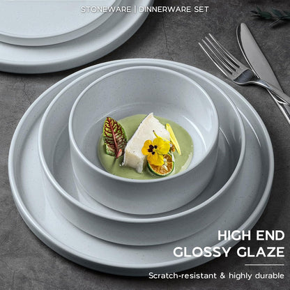 Onader Plates and Bowls Sets, 16 Pieces Stoneware Dinnerware for 4, Kitchen Dinner Dish Set with Pasta Bowl, Ceramic Dishware Dining Ware, Microwave & Dishwasher Safe - Slate Gray