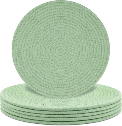 Round Placemats Set of 6, Cotton Rope Woven Table Mats, Hot Pads for Kitchen, Non Slip Heat Resistant Place Mats, 13 Inches Braided Placemat for Farmhouse Decor and Kitchen Table Decor (Green)