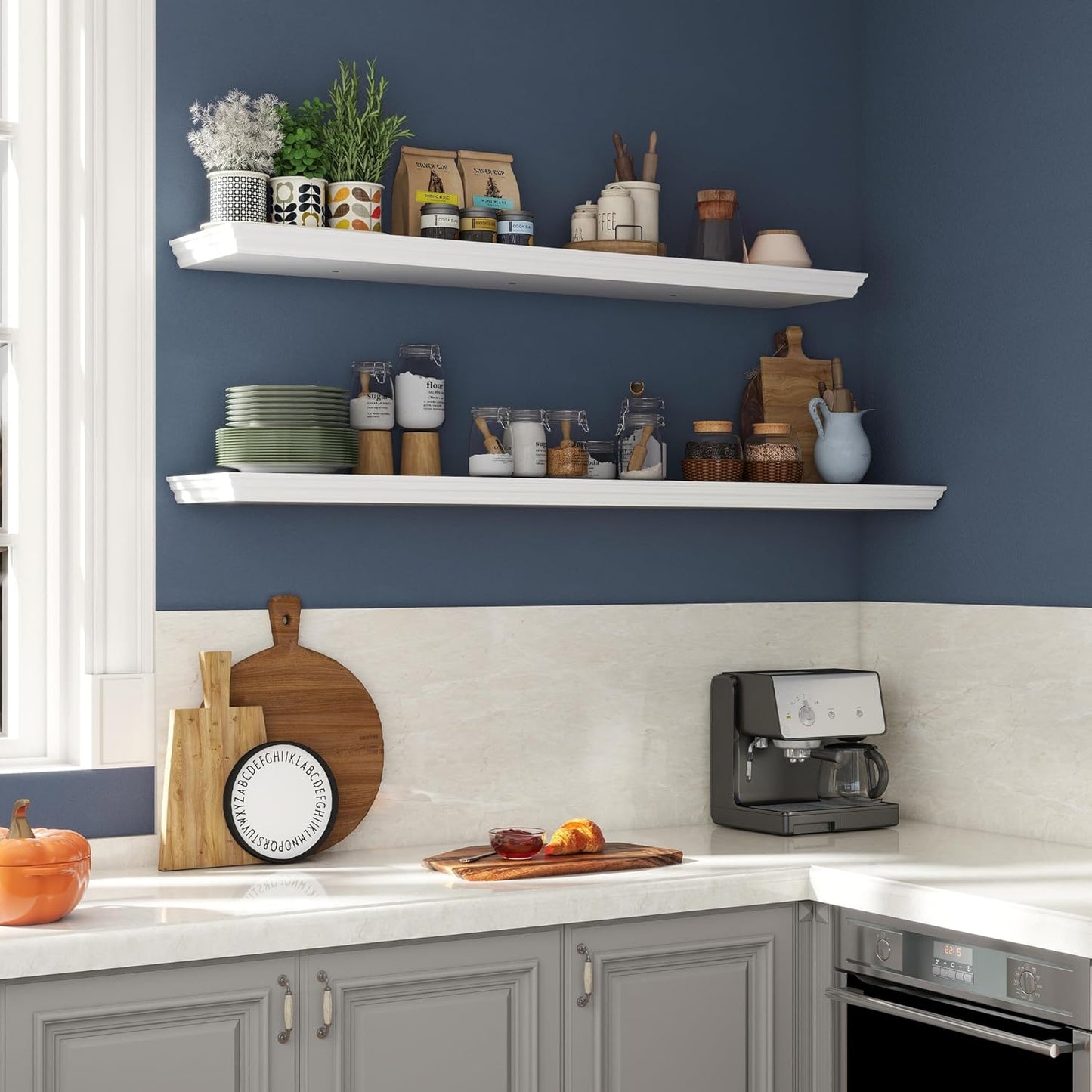 Floating Shelves for Wall, 48 Inch Long Wall Mounted White Hanging Shelf for Kitchen, Living Room, Office, Bedroom, Bathroom, Retro Vintage Wood Bookshelf for House Decor