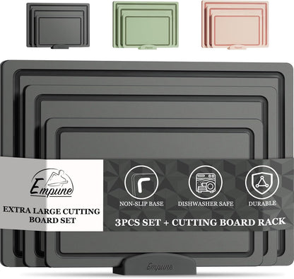 Empune Plastic Cutting Board Set, Recycled Plastic Cutting Boards for Kitchen (Set of 3), Dishwasher Safe Large Chopping Board with Holder, Non-slip Feet and Juice Grooves, Nonporous, Grey