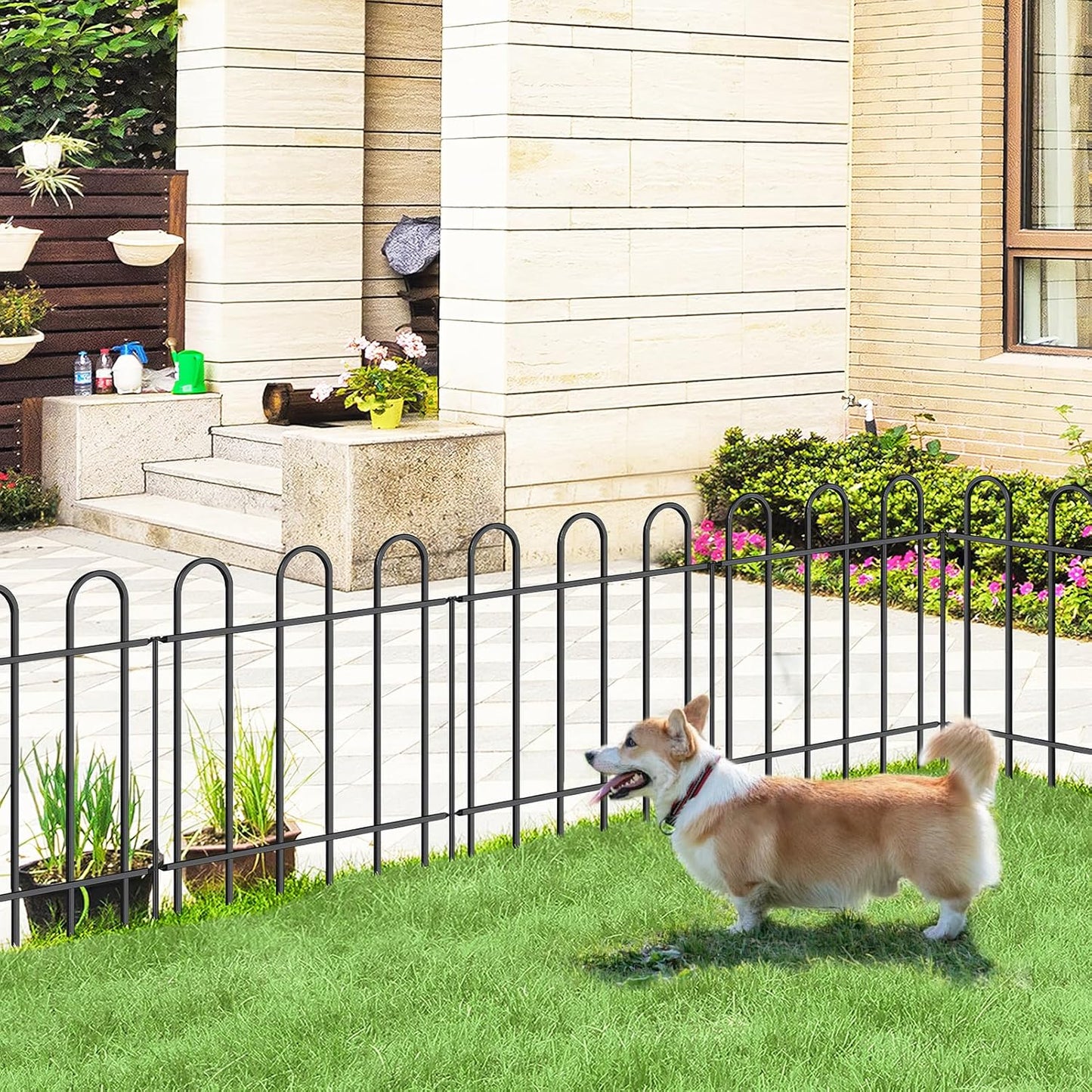 Metal Garden Fence 24 in H x 16 ft L, No dig Garden Border Yard Fencing, Dog Fence Outdoor Temporary Animal Barrier for Flower Bed Lawn and Patio, 8 Panels + 9 Stakes Black