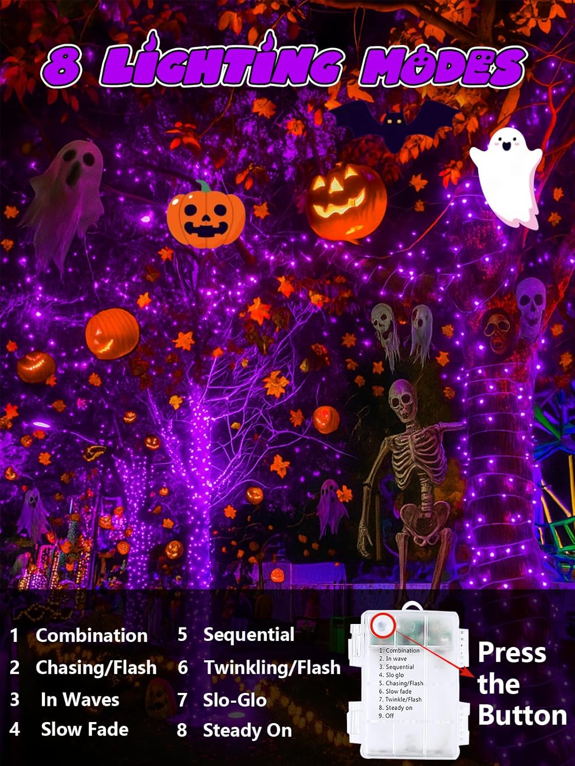 Halloween String Lights Battery Operated with Auto Timer, 33FT 100 LED Waterproof LED Purple String Lights with 8 Modes, Fairy Twinkle Light for Indoor & Outdoor Party Bedroom Halloween Decorations