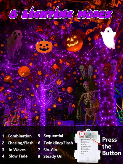 Halloween String Lights Battery Operated with Auto Timer, 33FT 100 LED Waterproof LED Purple String Lights with 8 Modes, Fairy Twinkle Light for Indoor & Outdoor Party Bedroom Halloween Decorations