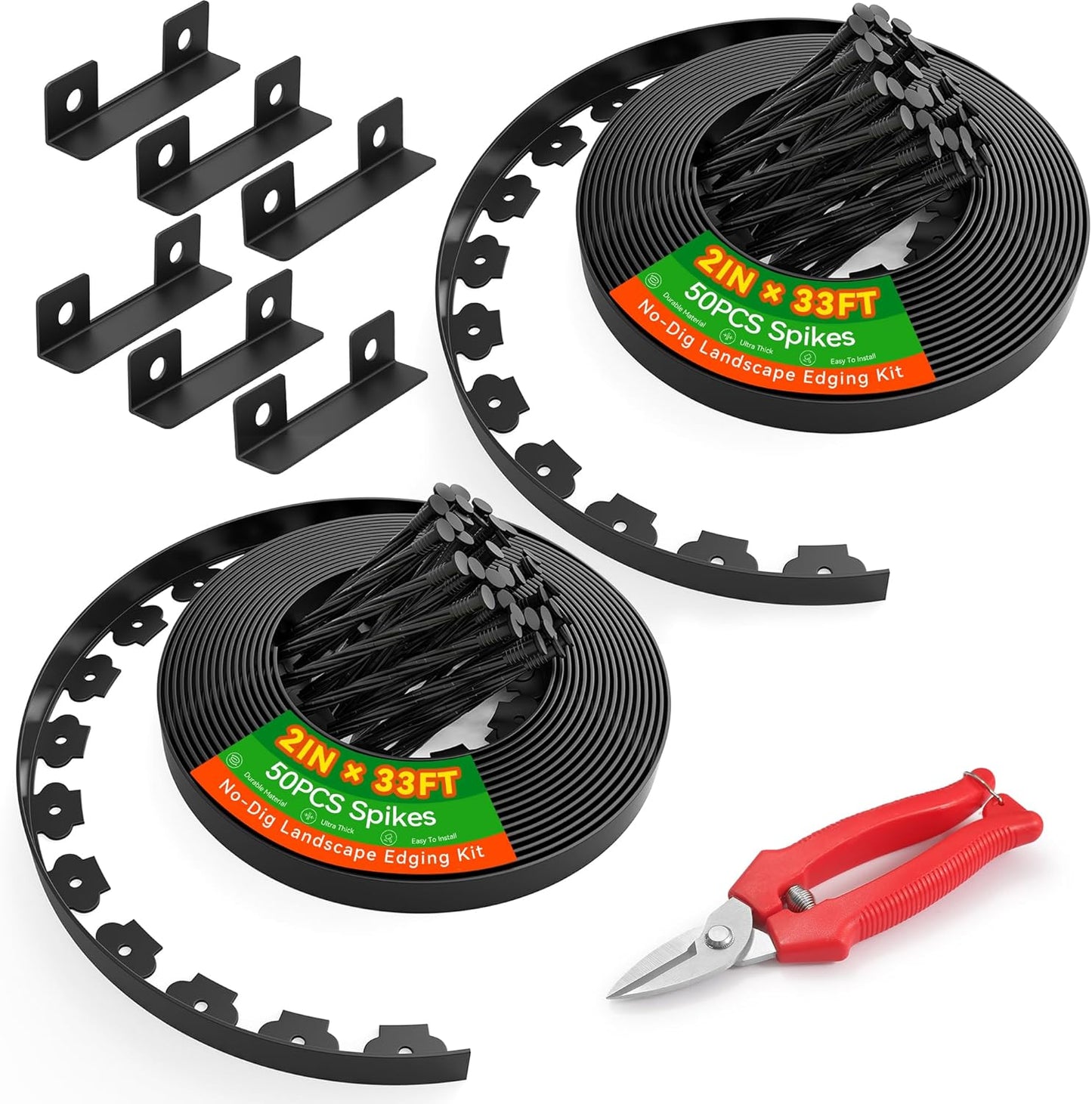 2" Tall 66ft No Dig Landscape Edging Border with 100PCS 8" Plastic Spikes & 6 PCS Connectors - Garden Lawn Edging Kit with a Shears for Landscaping, Lawn, Flower Beds and Yard