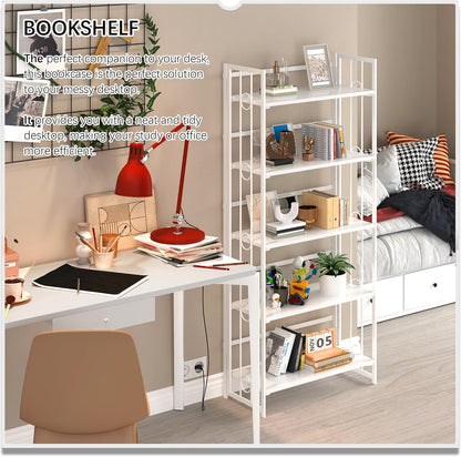 4NM No Assembly 5 Tiers Folding Bookshelf, 59.4" H Foldable Storage Shelves Vintage Bookcase Standing Racks Study Organizer Home Office - All White
